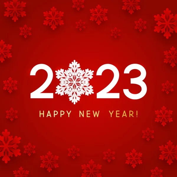 新年概念 2023个红色背景数字 并附有纸雪花 用于冬季节假日设计 — 图库矢量图片