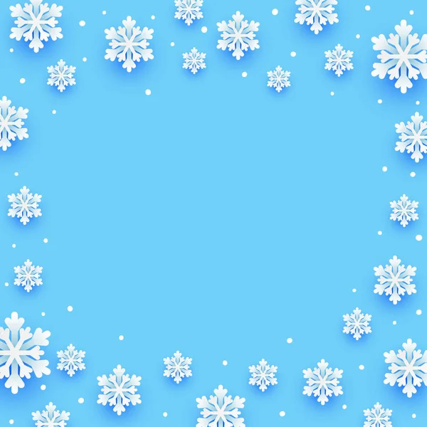 Kağıt kar taneleri, kış tatili tasarımı için mavi arka planda Noel çerçevesini süslüyor