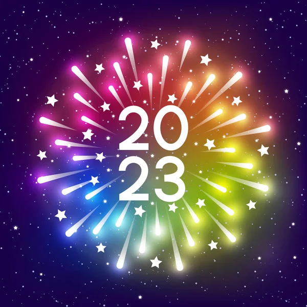 2023 Yeni Yıl Tasarımı Için Gökkuşağı Yıldızlı Arka Planda Parlak — Stok Vektör