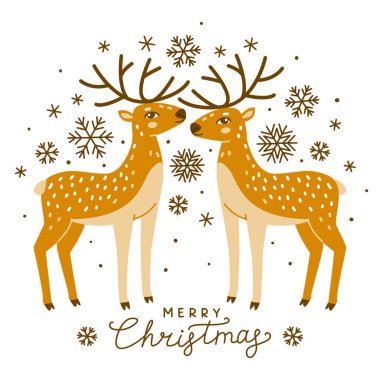 Beyaz arka planda şirin geyikli Noel tebrik kartı