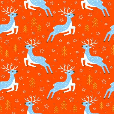 Güzel zıplayan geyik ve yıldızlarla kusursuz bir düzen - Noel tasarımı için mutlu bir zemin