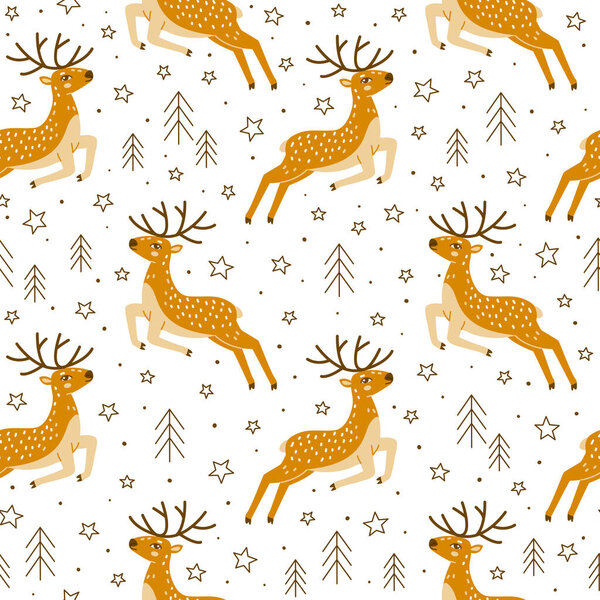 Бесшовный рисунок с милыми прыгающими оленями и звездами