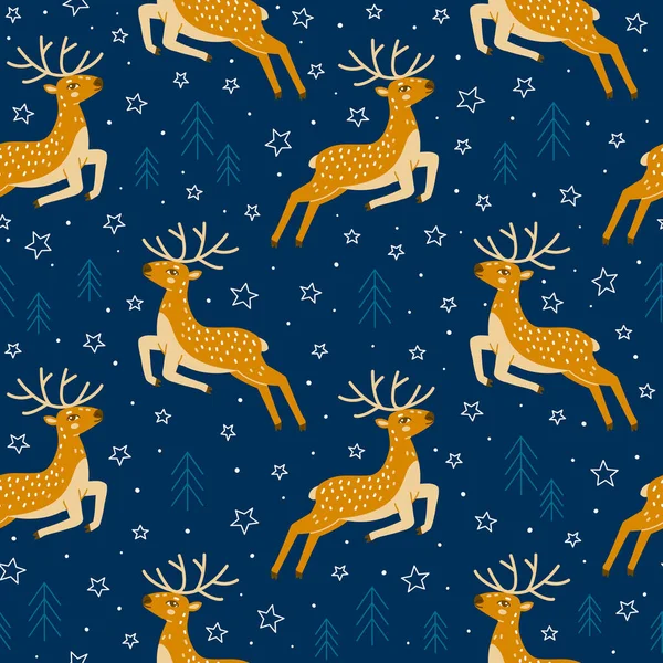 Seamless Pattern Cute Jumping Deers Stars — Stockvektor