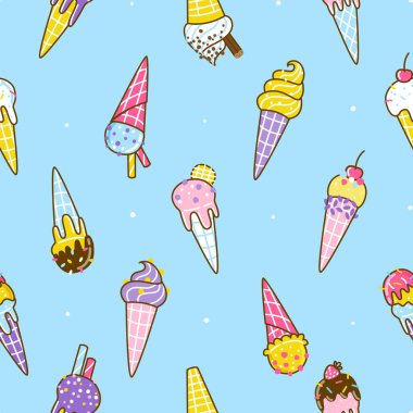 Mavi zemin üzerinde çizgi film dondurması olan kusursuz bir desen. Tatlı tasarımın için.