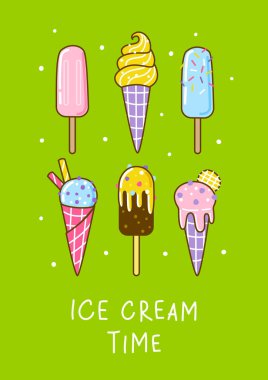 Tatlı tasarımın için yeşil arka planda çizgi film dondurması