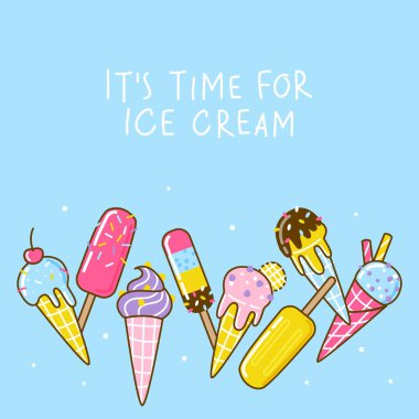 Tatlı tasarımınız için mavi arka planda çizgi film dondurma kenarlığı