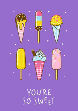 Tatlı tasarımın için mor arka planda çizgi film dondurması.