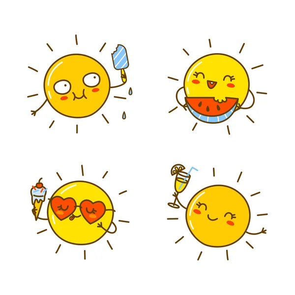 Conjunto Personajes Dibujos Animados Sun Aislados Blanco Para Divertido Diseño — Archivo Imágenes Vectoriales