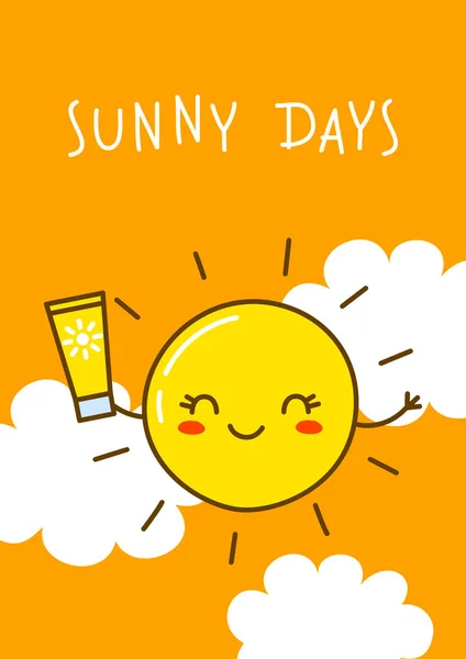 Cartoon Sun Character Ion Orange Background Funny Summer Design — Stock Vector