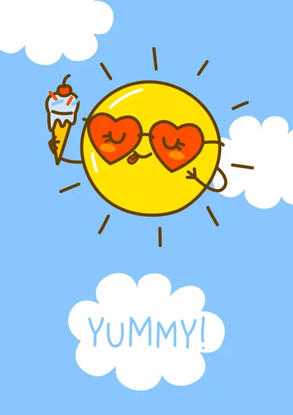 Cartoon Sun Charakter Auf Blauem Himmel Hintergrund Für Lustige Sommer lizenzfreie Stockillustrationen