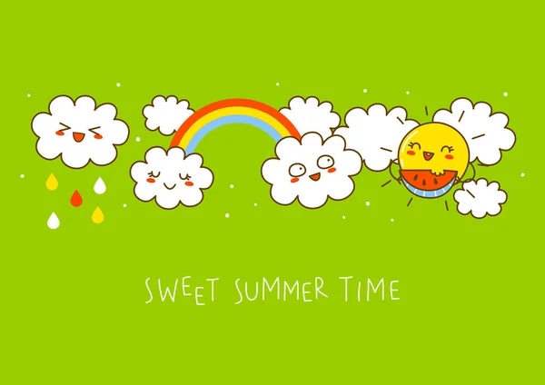 Grußkarte Mit Cartoon Sonne Und Wolken Für Lustiges Sommerdesign Stockillustration