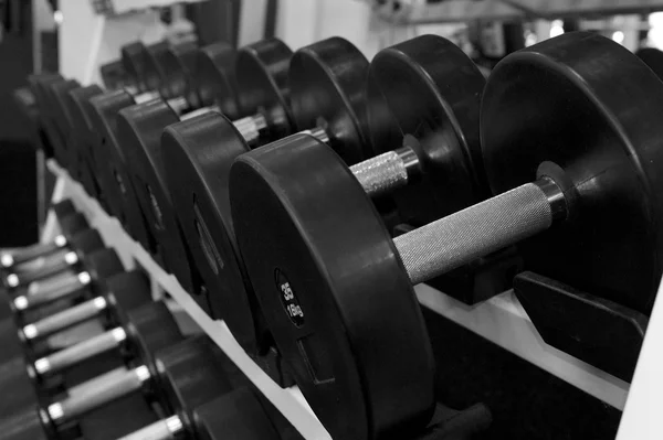 Black and White Image of a Rack of Dumbbells at a Gym — Stock Photo, Image