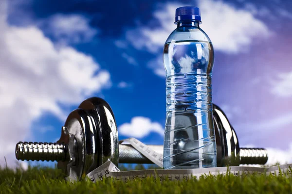 Fitness, dumbell and blue sky — Stock Photo, Image
