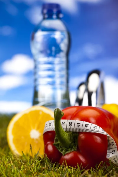 Fitness potravin a zelené trávy s modrou oblohou — Stock fotografie