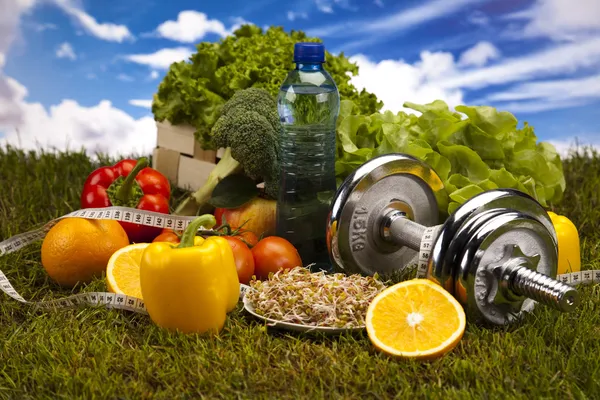 Fitness voeding en groen gras met blauwe hemel — Stockfoto