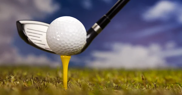 Pelota de golf en prado verde, conductor — Foto de Stock