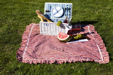 piknik sepeti meyve ekmek ve şarap