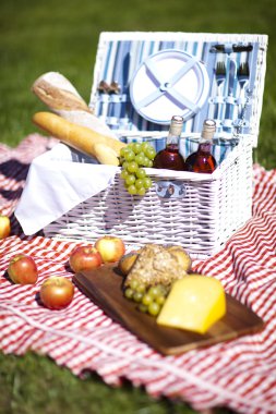 piknik sepeti meyve ekmek ve şarap