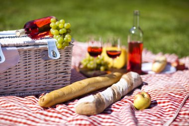 şarap ve piknik sepeti çim