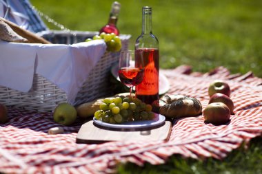 şarap ve piknik sepeti çim