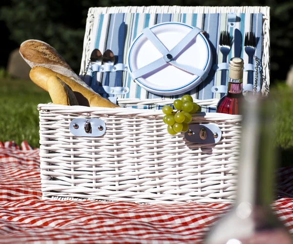 Picnic basket with fruit bread and wine — Stock Photo, Image