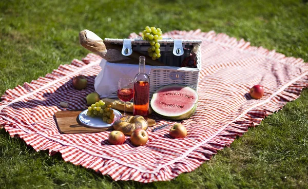 Cestino da picnic sul prato verde — Foto Stock