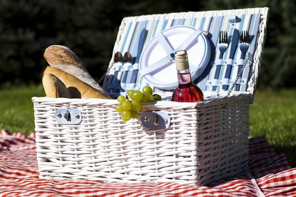 Coș de picnic pe gazon verde — Fotografie, imagine de stoc