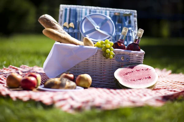 Picnic basket on green lawn — Stock Photo, Image