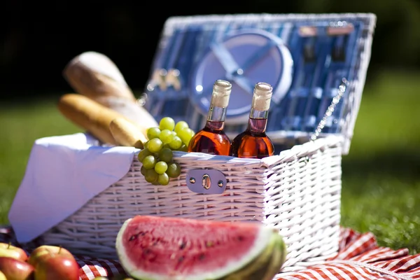 Picnic basket on green lawn — Stock Photo, Image