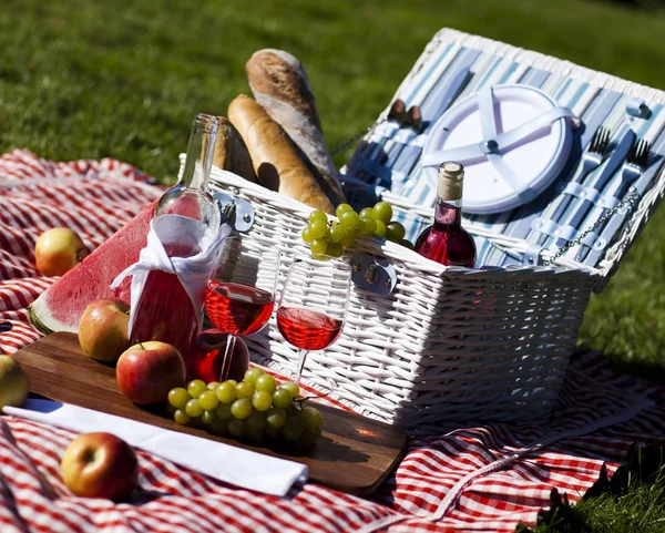 Picnic basket on green lawn — Stock Photo, Image