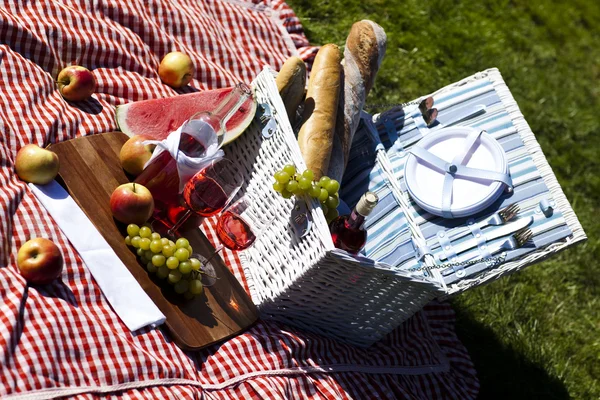 Корзина для пикника на зеленой лужайке — стоковое фото