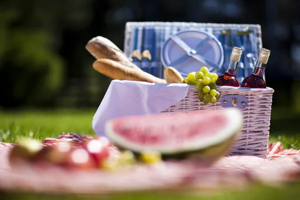 Cesto da picnic con pane alla frutta e vino — Foto Stock