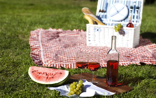 Wine and picnic basket on the grass — Stock Photo, Image