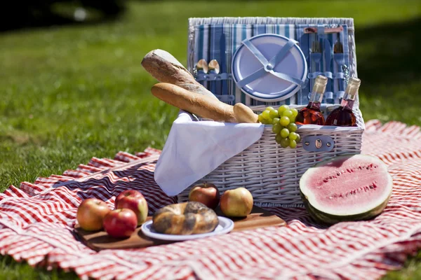 Picknickmand met fruit brood en wijn — Stockfoto