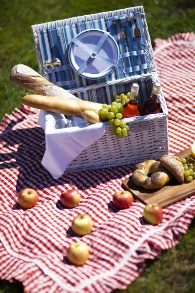 Cesto da picnic con pane alla frutta e vino — Foto Stock