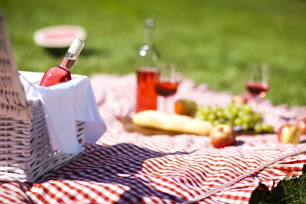 Picnic basket with fruit bread and wine — Stock Photo, Image