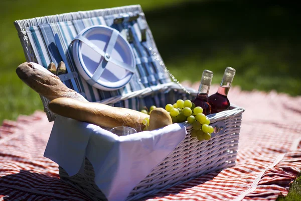 Picnic basket with fruit bread and wine — Stock Photo, Image