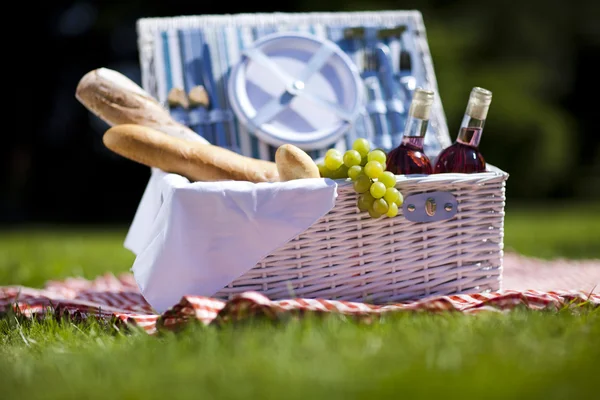 Vin och picknick korg på gräset — Stockfoto