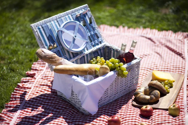 Picnic basket on green lawn — Stock Photo, Image