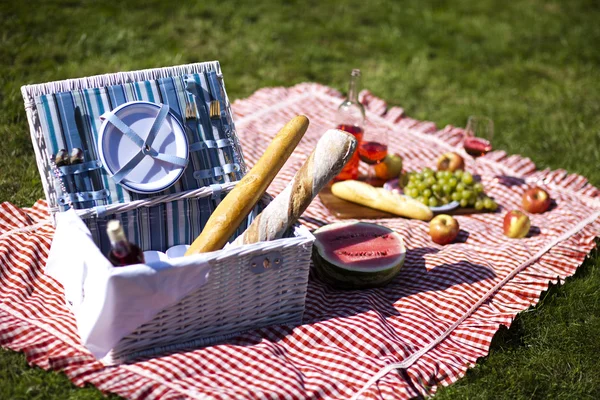Coș de picnic pe gazon verde — Fotografie, imagine de stoc