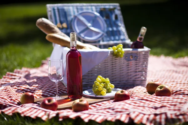 Picnic basket with fruit bread and wine — Stock Photo, Image