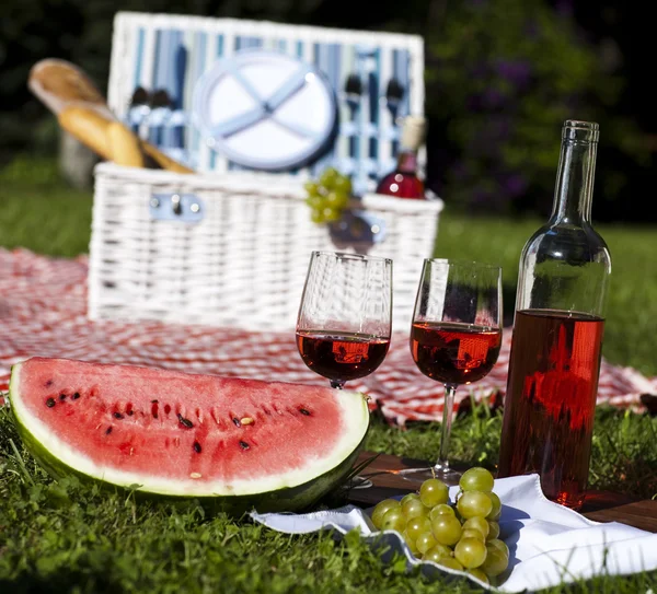 Wijn en picknick mand op het gras — Stockfoto