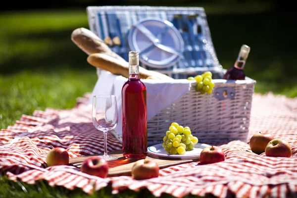 Panier pique-nique avec pain aux fruits et vin — Photo