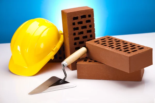 Building background, trowel and bricks — Stock Photo, Image