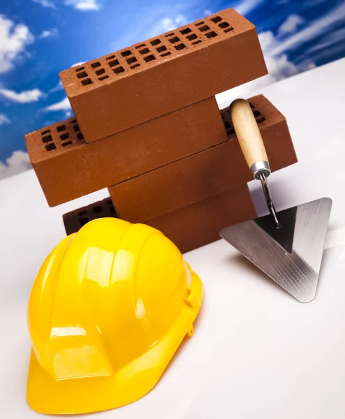 Building background, trowel and bricks — Stock Photo, Image