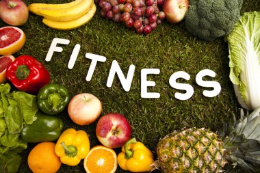 Fitness diet, vitamins and green grass clipart