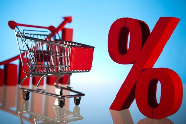 süpermarket arabası alışveriş, yüzde işareti