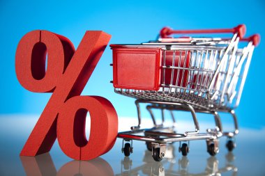 süpermarket arabası alışveriş, yüzde işareti