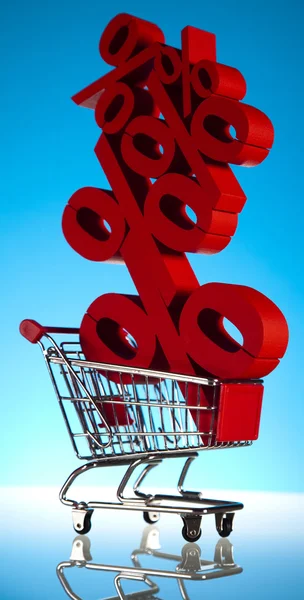 Nákupní košík supermarket, znak procent — Stock fotografie