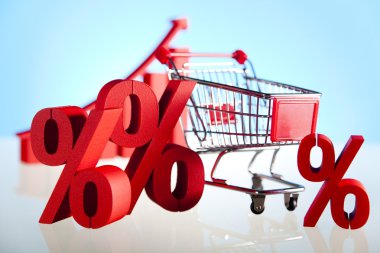 süpermarket arabası alışveriş, yüzde işareti
